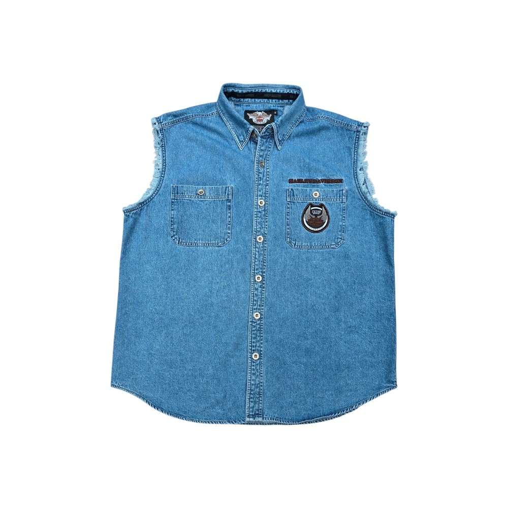 Vintage 2008 Harley Davidson 105th Anniversary Denim Vest Shirt Men's XL Biker‎